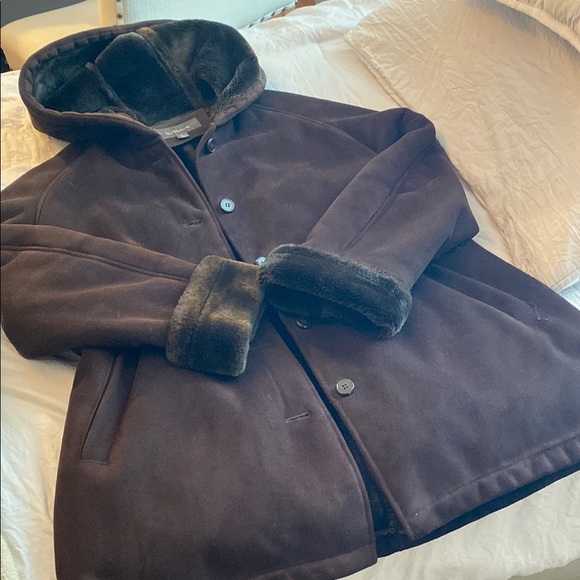Dark Brown Vintage Hooded Coat with Faux Fur Lining - Picture 1 of 4